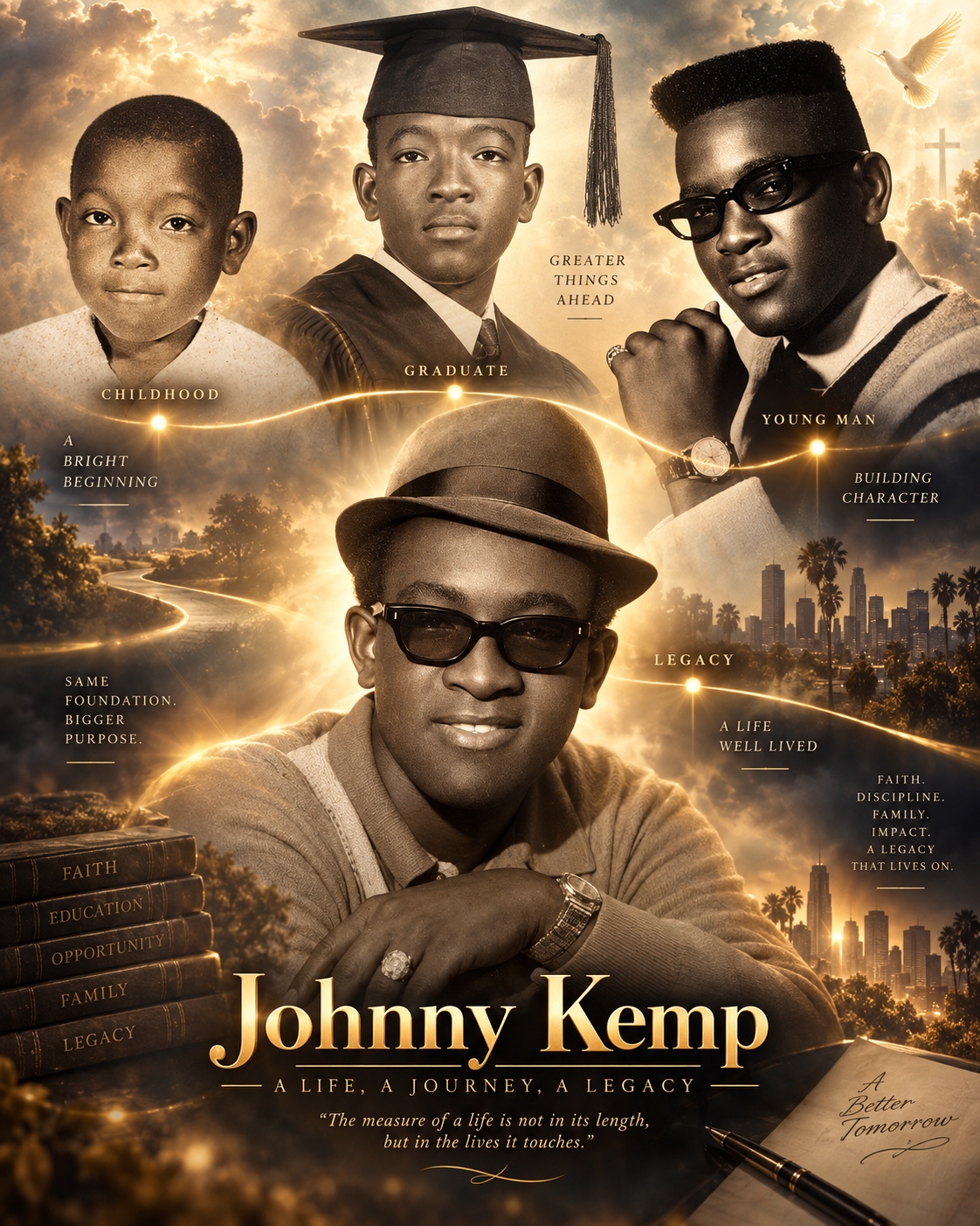 Johnny Kemp life story collage from childhood to ministry