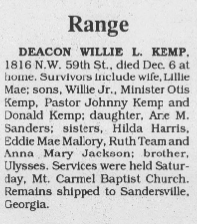 Deacon Willie L. Kemp obituary clipping